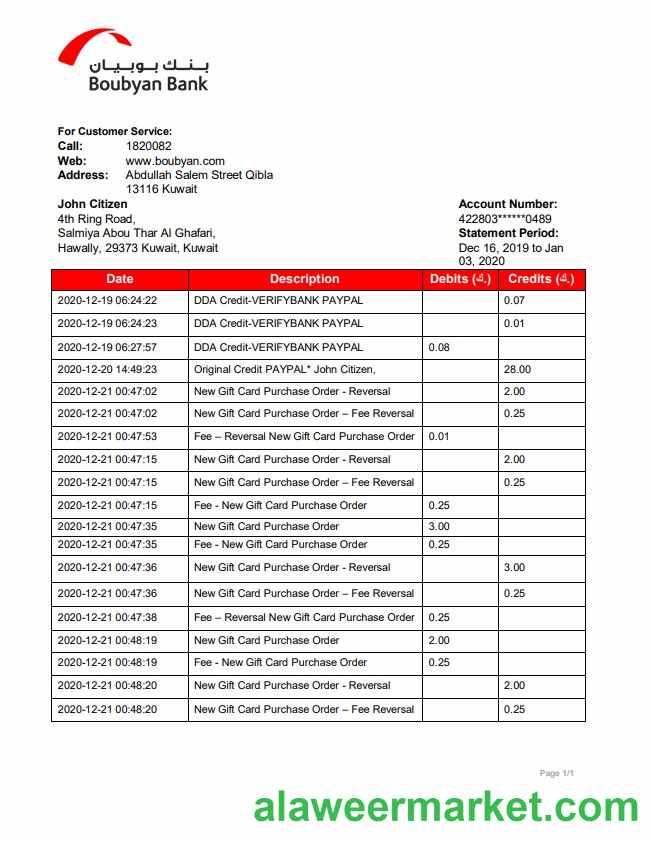 Kuwait Boubyan bank proof of address statement template in Word and PDF format